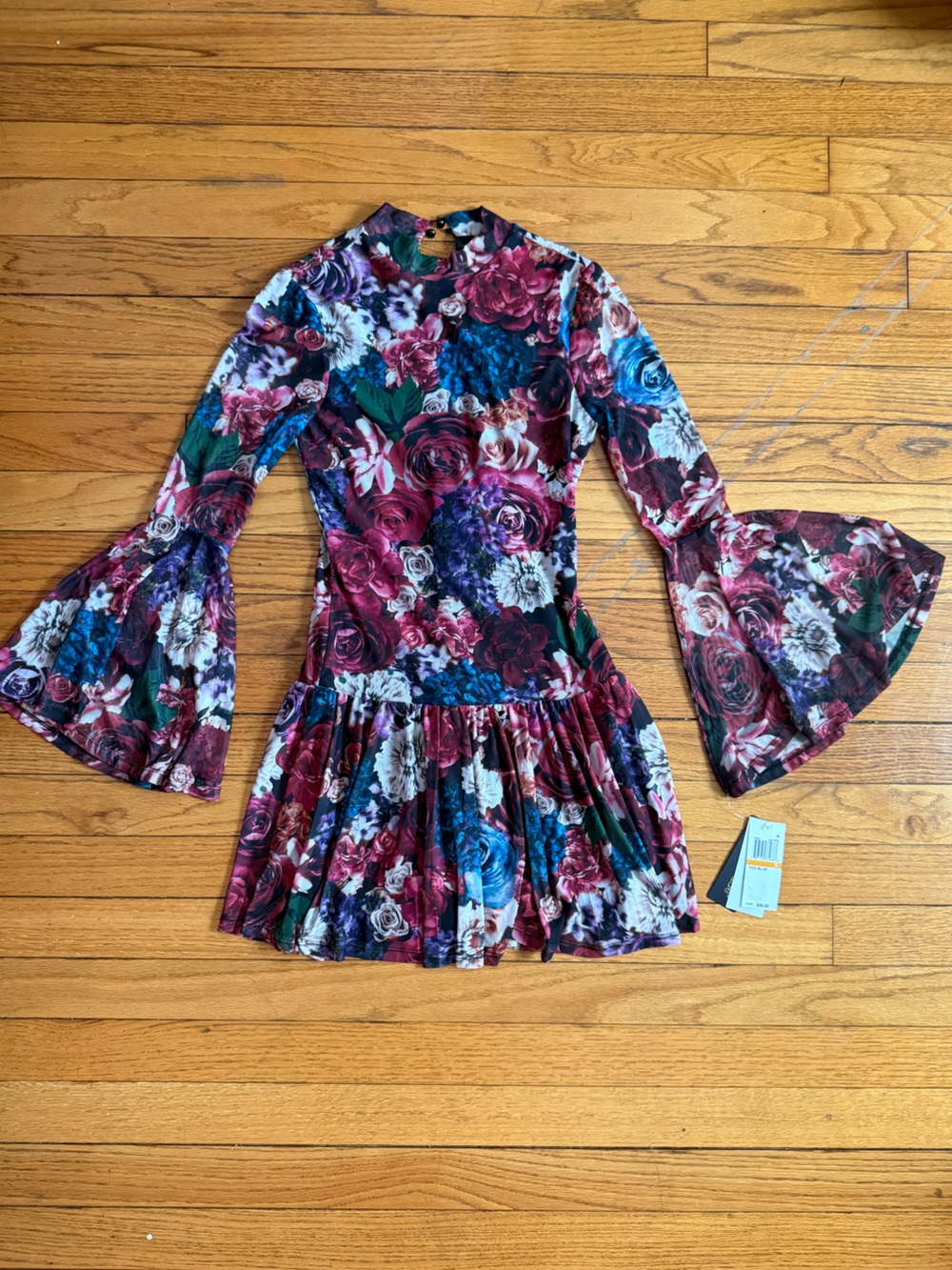 NWT Floral Bell Sleeve Mesh Skater Dress in Burgundy, Blue & Green